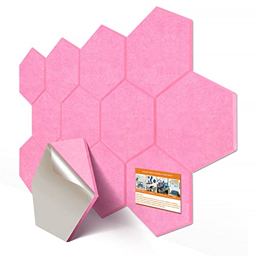 DEKIRU 12 Pack Self adhesive Hexagon Acoustic Panels Sound Proof Foam Panels, 14 X 13 X 0.15 Inches Soundproof Wall Panels For Office Ceiling &Door (Pink) - Pink