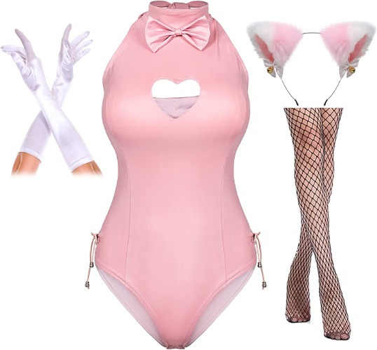 Womens Bunny Girl Suit Button Crotch Romper Onesie Bodysuit Cosplay Costume Furry Cat Ear Gloves Socks Set(Pink 3XL) - 3X-Large Pink