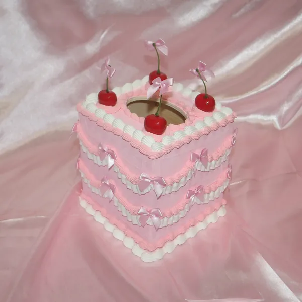 Vintage-Style Pink and White Fake Cake Tissue Box Holder with Pink Bow Cherries! Includes FREE Accessory!