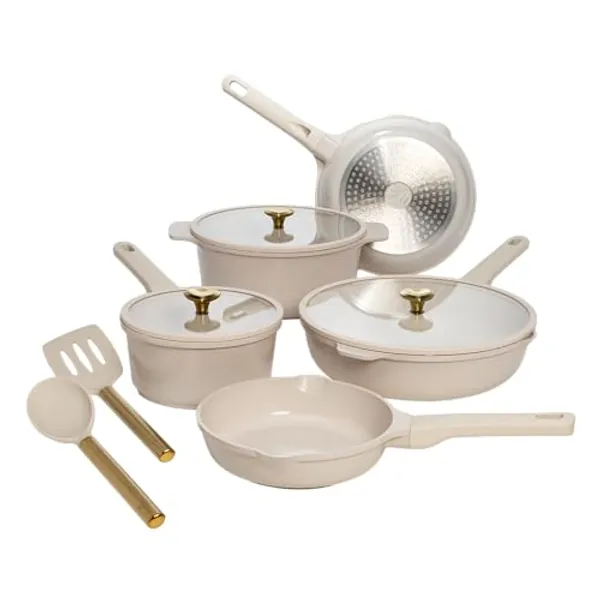 Paris Hilton Ceramic Nonstick Cookware Set, Cast Aluminum with Dual Layer Nonstick Coating, Gold Heart Knobs, Stay-Cool Handles, Made without PFAS, PFOA, PFOS & PTFE, Dishwasher Safe, 10-Piece, Cream