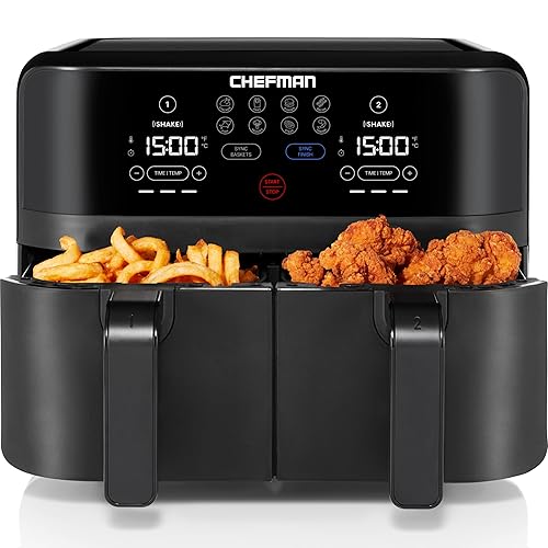 Chefman TurboFry Touch Dual Air Fryer, Maximize The Healthiest Meals With Double Basket Capacity, One-Touch Digital Controls And Shake Reminder For The Perfect Crispy And Low-Calorie Finish - 9 Quart - Air Fryer
