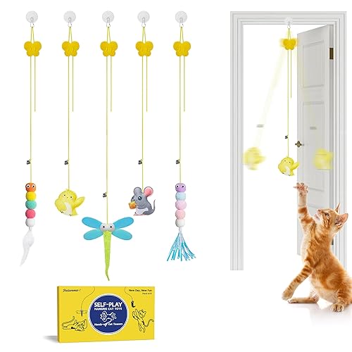 FOR ZUKO: Potaroma Interactive Cat Feather Toys 5 Pcs, Cat Teaser Retractable, Hanging Cat Toys Indoor Kitten Play Chase Exercise, Mental Physical Stimulation for All Breeds and Species - Max Extended Length 78 inches