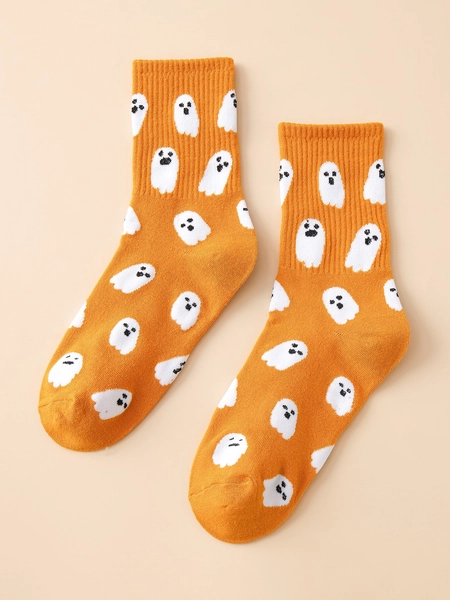 1pair Women's Funny Ghost Pattern Mid-calf Socks