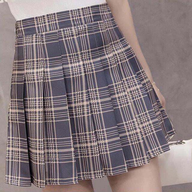 Tartan Plaid School Girl Skirt - Grey / S