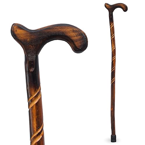 RMS Wood Cane - 36 Inch Natural Wood Walking Stick - Handcrafted Wooden Offset Canes and Walking Canes for Men or Women - Spiral