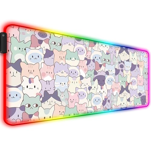 JIANG100 RGB Pink Cat Gaming Desk Mat, Kawaii Cute Computer Keyboard Laptop LED Large Extended Light Up Office Mouse Pad, XL - Ya01 - RGB/31.5x11.8 Inch
