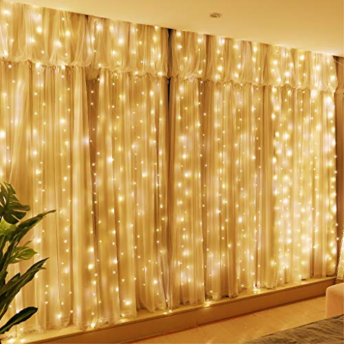 Fairy Curtain Lights, 9.8x9.8Ft Warm White USB Plug in 8 Modes Christmas String Hanging Lights with Remote for Bedroom, Indoor, Outdoor, Weddings, Party - Warm White - 300L-Silver Copper Wire