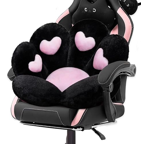 DOBUONO Cat Paw Cushion Kawaii Office Desk Chair Cushion Comfy Plush Cat Paw Shape Gaming Chair Cushion Bear Cute Seat Cushion for Girl, Kawaii Room Bedroom Decorate 28"x 24" (Black) - Black