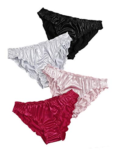 Verdusa Women's 4pack Frill Trim Satin Underwear Briefs Panty Set - Medium - Black/Grey/Pink/Red