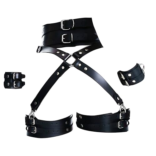 ALLOVME Adjustable Size Punk Leather Body Waist Belt Gothic Belts with handcuffs - Black8