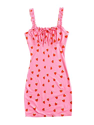Romwe Women's Ruched Bust Sleeveless Ruffle Party Cami Bodycon Dress - Medium - Strawberry Pink