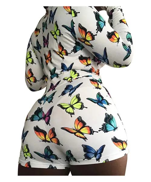 Plus Size V Neck Pajamas for Women, Sexy Bodycon Printed Jumpsuits Long Sleeve Button Onesies Pajama Club Shorts Rompers - White X-Large