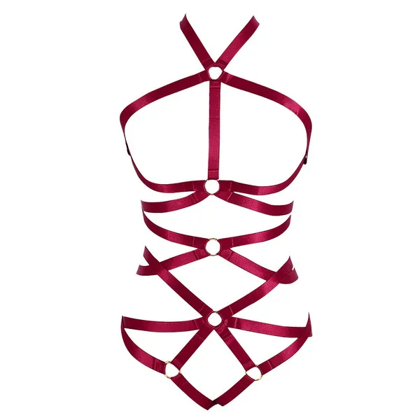 Body Harness Full for Women Garter Belts Set Strappy Adjust Gothic Punk Art Wear Elastic - Wine Red-mlcn0072