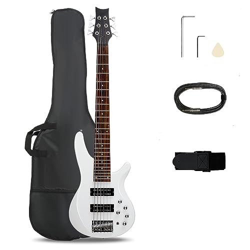 Ktaxon Bass Guitar 6 String Electric Bass Guitars, Beginner Bass Guitar with Professional H-H pickup, 3 Way Pickup Selector, Premium Cable, Unique Body Design for Beginner (Upgraded White) - Upgraded - White