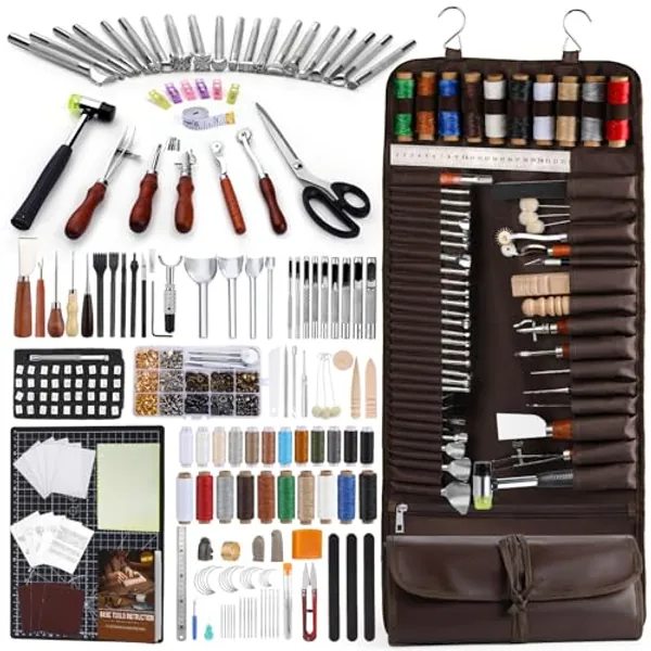 BAGERLA 315PCS Leather Craft Tools, Upgraded Leather Tools for Leather Working with Custom Storage Bag Cutting Mat Stamping Punching Groover Carving Binding Grinding Cutting Tools Leather Tooling Kit