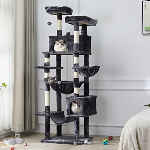 MSmask Cat Tree 76 inches, Tall Cat Tower with 3 Types of Hammocks, Multi-Level Cat Activity Center for Indoor Cats with 2 Cat Condo, 2 Perches, Scratching Posts, Climbing Tree - 23.6"L x 19.7"W x 76"H - Dark Gray