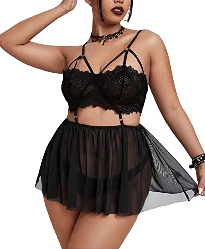 Pyroluna Women's Sexy Plus Size Lingerie Sheer Lace Babydoll Strappy Exotic Sleepwear Eyelash Split Cup Chemise XL-4XL - 3X-Large - Black