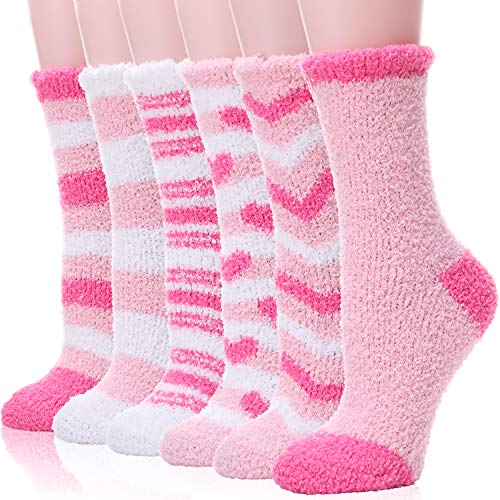 EBMORE Womens Fuzzy Fluffy Socks Fleece Cabin Plush Warm Sleep Soft Cozy Winter Ladies Stocking Stuffers Christmas Slipper Gift Socks 6 Pairs（Mix Pink(6 Pairs)）