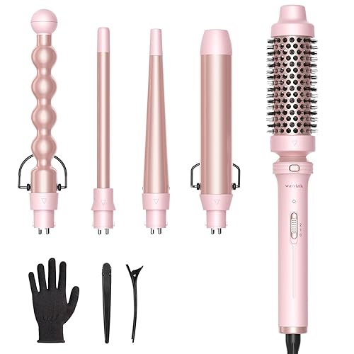 Wavytalk 5 in 1 Curling Iron,Curling Wand Set with Curling Brush and 4 Interchangeable Ceramic Curling Wand(0.5”-1.25”),Instant Heat Up,Include Heat Protective Glove & 2 Clips (Pink) - Pink - Curling Wand （0.5"-1.25" ）