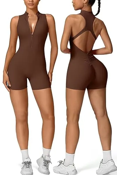 Vertvie Workout Jumpsuits for Women Zip Up Tummy Control Sleeveless One Piece Rompers Shorts V Back Scrunch Yoga Bodysuit - Medium - Coffee