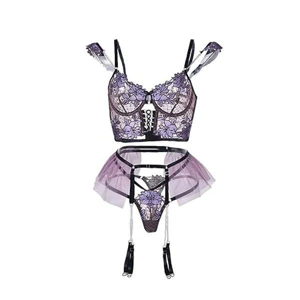 HHX Women Lingerie Sexy Teddy One-Piece Lace Babydoll Fishnet BabyDoll Bodysuit Nightie - Small - Purple
