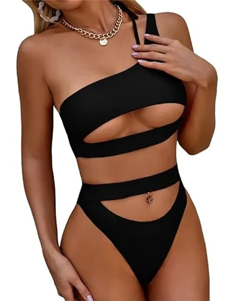 Lilosy Sexy Cutout One Shoulder Bikini Swimsuit Set for Women Brazilian Bathing Suit 2 Piece - Small - Black