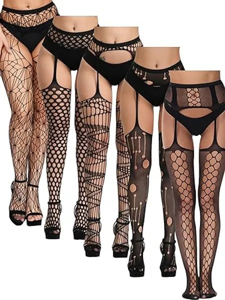 SOUTHRO 5 Pairs Fishnet Thigh High Garter Stockings Patterned Tights for Women,Garter Belt Set & Suspender Pantyhose for Girl - One Size - E-5pcs