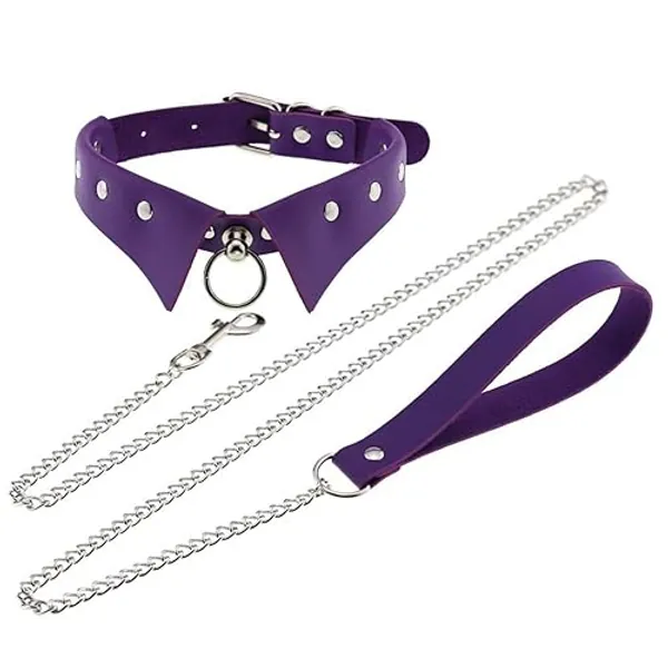 JNKET Punk Hauling Chain PU Leather Collar Necklace Neck Strap Gothic NightClub Goth Leash Belts Adjustable Size - Purple