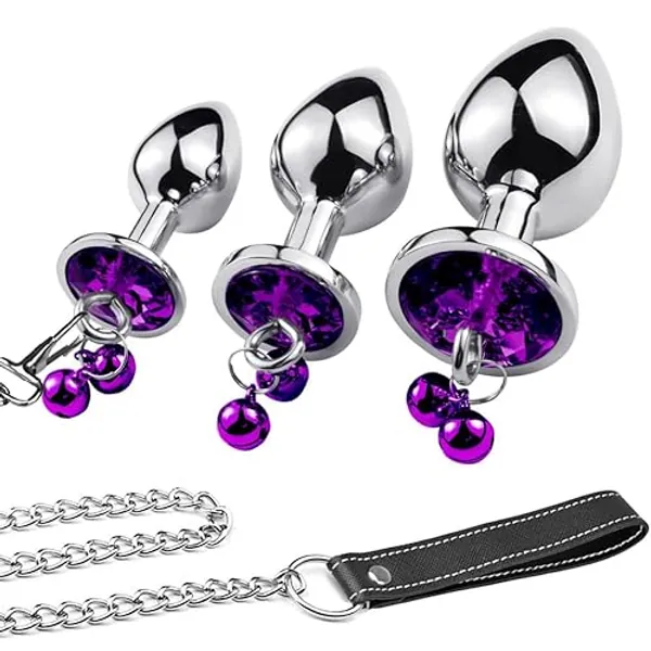 Anal Plug Trainer Kit, 3 PCS Metal Anal Butt Plugs, Jewelry Anal Trainer Toys with Bell and Traction Chain for Beginners Advanced Users (Deep Purple) - Deep Purple