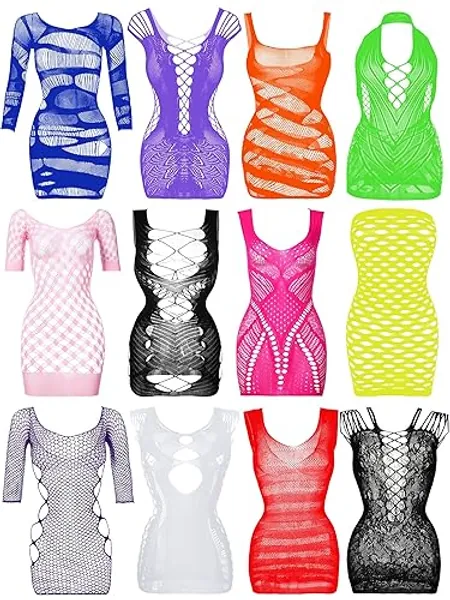 Geyoga 12 Pieces Women's Fishnet Lingerie Mesh Babydoll Bodysuit Lace Smock Lingerie for Women (Fresh Color)