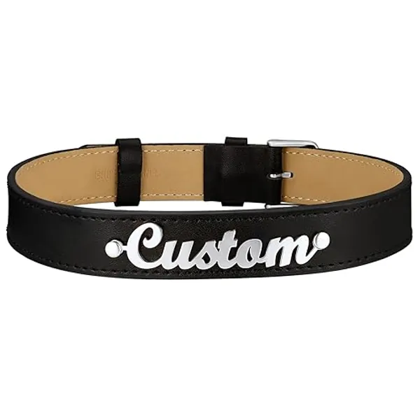 Custom4U Personalized Black Leather Choker Necklace with Picture/Name/Initials/Letters Charm,Custom Made Adjustable Choker Collar Gothic Punk Necklaces Jewelry Gifts for Women - B-Name-Charm Steel
