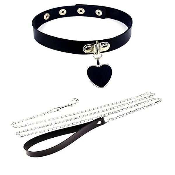 Choker Collar for Women with Leash Adjustable Heart Choker Necklace Soft PU Leather Goth Choker Collar with Hauling Chain Body Jewelry - Black