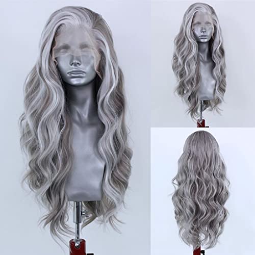 Grey Mixed White Natural Wave Wig for Women Highlight Lace Front Wig with Natural Hairline Free Part Synthetic Daily Wear Wig,150% Density - Silver White
