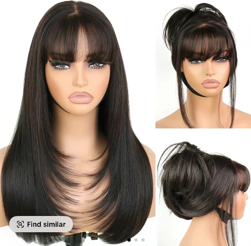 Black Glueless Straight Layered Wigs with Bangs Wear and Go 6x4 Lace Front Wig ,Pre Style Realistic Look with True Scalp Tiny Knots 220% Density Natural Black 20Inch