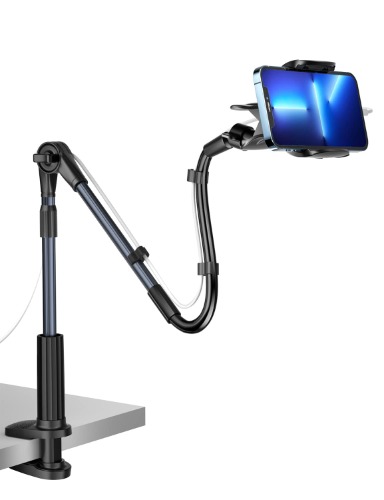 Phone Holder for Bed - PEMOTech Gooseneck Phone Holder Cell Phone Holder for Desk, Flexible Lazy Long Arm Cell Phone Stand with 360°Adjustable Clamp Clip, Compatible with All 4-7" Phones