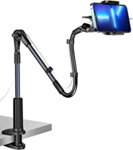 PEMOTech Gooseneck Phone Holder Stand for Bed, Flexible Arm Cell Phone Stand Clamp on Desk, 360° Rotation Horizontally + 220° Rotation Up and Down, Compatible with 4"-7" Devices