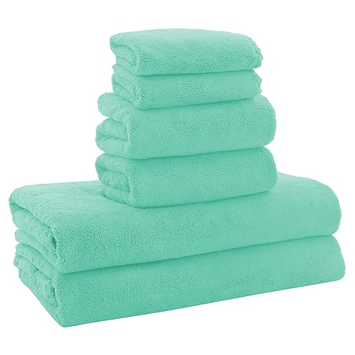 MOONQUEEN Ultra Soft Microfiber Coral Velvet Towel Set - Quick Drying, 2 Bath Towels, 2 Hand Towels, 2 Washcloths - Aqua Green, 6 Pcs - Aqua Green