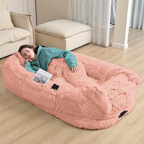 YAEM Human Dog Bed, 71"x45"x12" Beds for Humans Size Fits You and Pets, Washable Faux Fur Bed People Doze Off, Napping Orthopedic Present Plump Pillow, Blanket, Pink - 71.0"L x 45.0"W x 12.0"Th - Pink