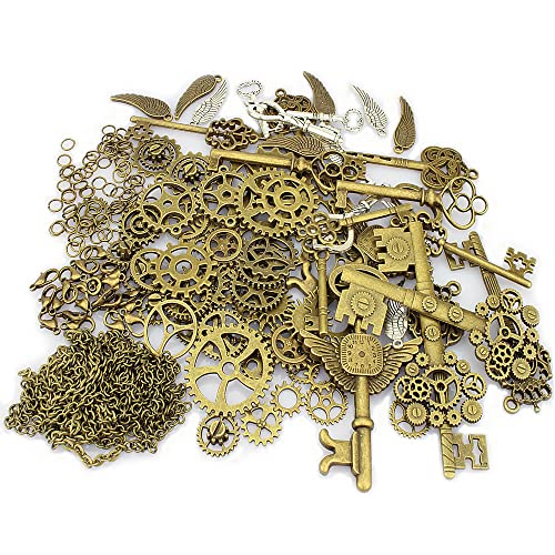 LolliBeads® 230 Gram Antiqued Bronze/Silver Metal Skeleton Keys and Wings, Bronze Steampunk Watch Gear Cog Wheel, Chains, Clasps and Jump Rings DIY Kits (300 Pcs)