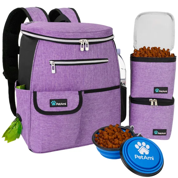 PetAmi Dog Travel Bag Backpack | Backpack Organizer with Poop Bag Dispenser, Multi-Function Pocket, Food Container Bag, Collapsible Bowl | Weekend Pet Travel Set for Hiking Overnight Camping Road Trip - One Size (Pack of 1) Purple