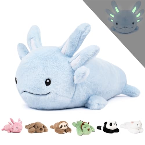 Niuniu Daddy Axolotl Weighted Stuffed Animals for Anxiety, 2.8lb Large Blue Axolotl Weighted Plush Toy Pillow with Glowing Ears, Kawaii Axolotl Plushies for Kids Adults Gifts for Holidays - Blue Axolotl - Medium