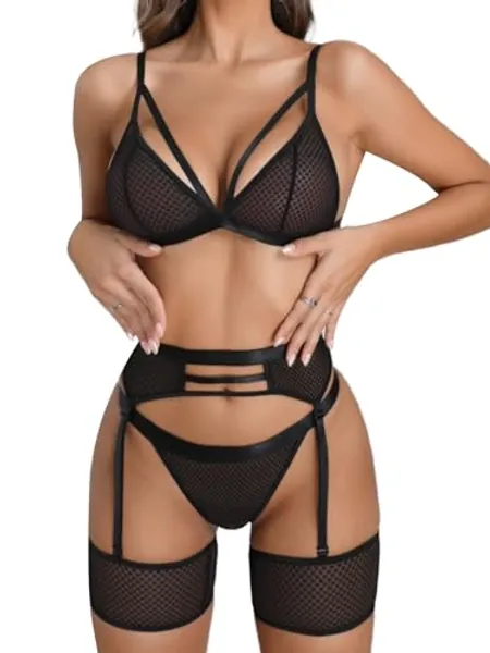 popiv Women's Sexy Lingerie Set with Garter Belt Matching Bra and Panty Lingeries Sets 4 Piece