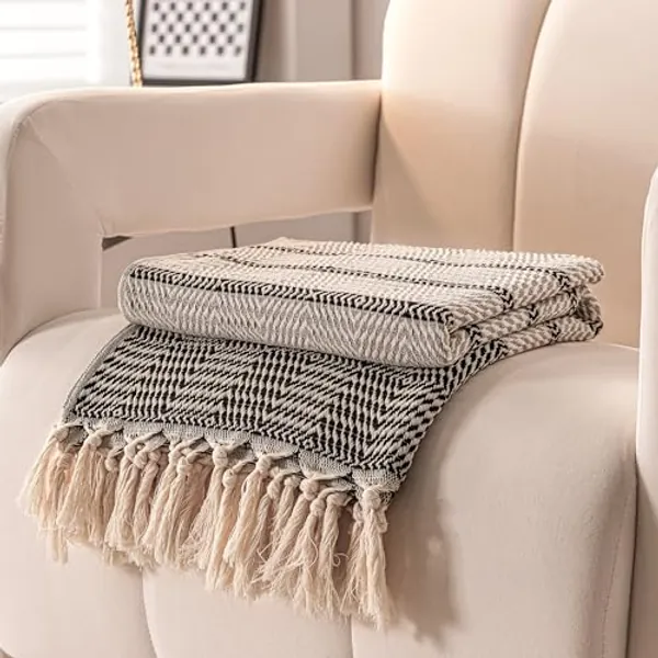 Peshtemania Premium Cotton Boho Throw Blanket |50”x60”| Grey Black and White Throw Blankets for Bed Sofa Couch Outdoor Farmhouse Turkish Throws Blankets for Sofa Bedroom Picnic Blankets Yoga