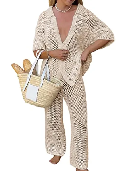 Famulily Womens Sexy Hollow Out Swimsuit Cover Up Sets Button Up Tops and Drawstring Pants 2 Piece Beach Set