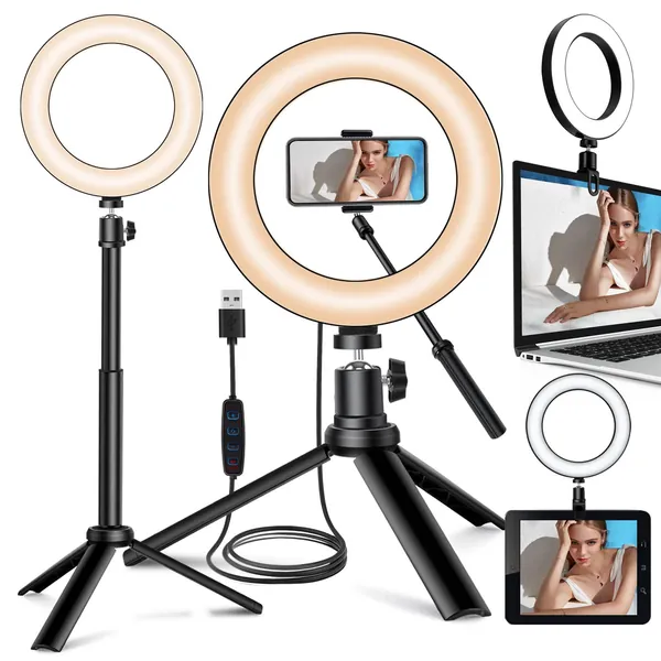 Selfie Ring Light for Zoom Meeting, Dimmable Desktop LED Circle Light with Tripod Stand, 6'' Lighting Kit Gifts for Live Streaming/Laptop Video Conference/Makeup/YouTube/Vlog/Video Recording - 