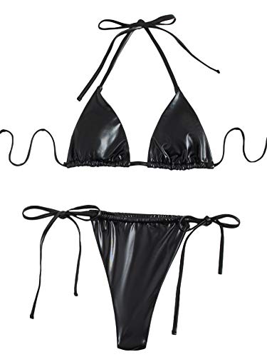 SOLY HUX Women's Metallic Halter Top Two Piece Swimsuit Tie Side Triangle Bikini - Small - Black Leather