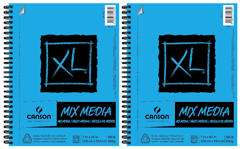 Canson XL Series Mix Media Paper Pad, Heavyweight, Fine Texture, Heavy Sizing for Wet and Dry Media, Side Wire Bound, 98 Pound, 7 x 10 Inch, 60 Sheets - 100510926 (7" x 10" 2 Pack)