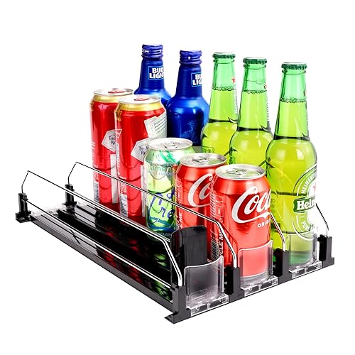 BingoHive Drink Dispenser for Refrigerator, Self-Pushing Soda Can Organizer for Fridge, 3 Rows has Been Assembled, Automatic Can Organizer with Spring Loaded for Refrigerator Holds 15 cans, Black - Black - Width 9.06 inch x Depth 14.96 inch