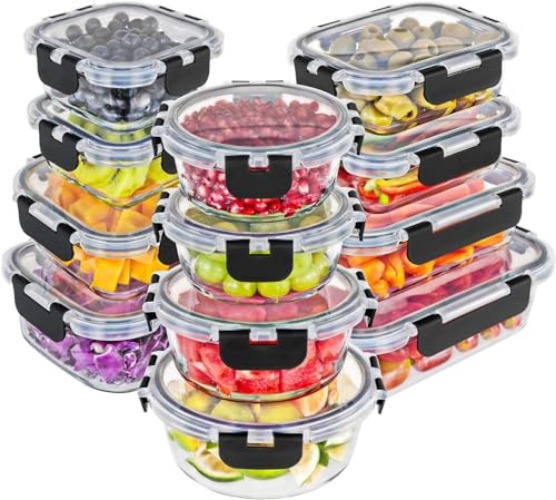 Magic Mill Glass Storage Containers with lids Set | Ultimate 24pc Set with BPA-Free Airtight Locking Lids for Lunch, Food Storage, Meal Prep, Safe in Fridge, Freezer, Dishwasher Safe for Easy Clean - Black