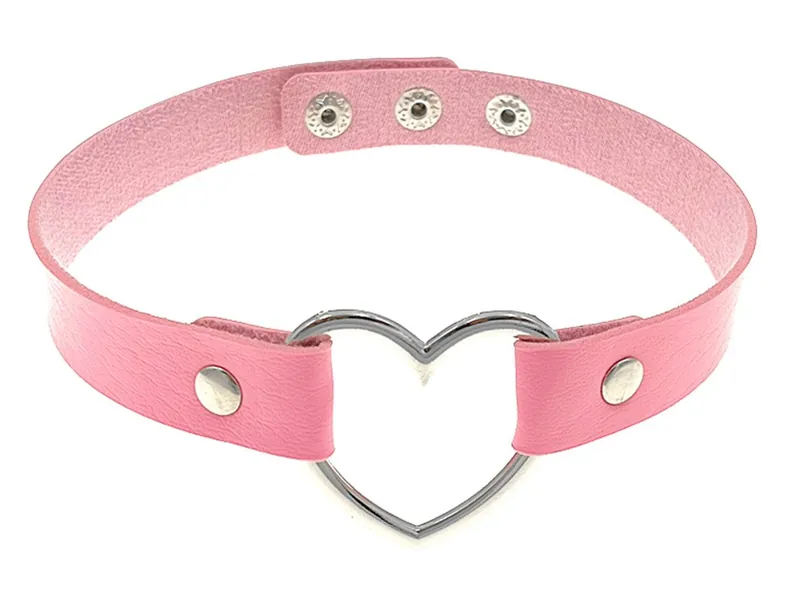 HuanX35 Gothic Punk Choker,PU Leather Short Necklace with Heart Shape Connector(Pink)